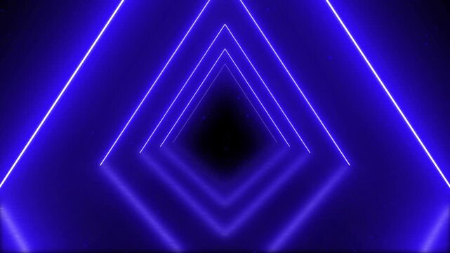 4K Neon glowing triangle tunnel with light lines on a transparent background. Flying through a neon futuristic endless triangle tunnel of pink and blue lines.