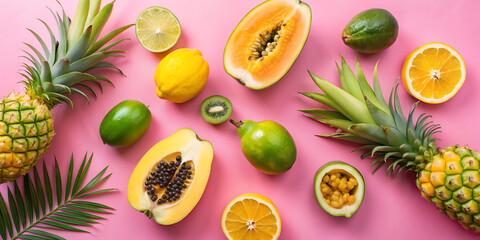 Top view creative layout with exotic summer fruits: papaya, pineapple, lime, yellow mango and passion fruit on pink background
