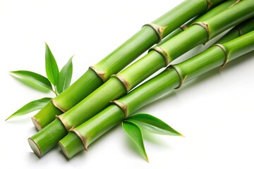 Obraz premium A group of green bamboo shoots are laid out on a white background, with leaves extending out from the bundle. This image symbolizes nature, growth, strength, and sustainability.