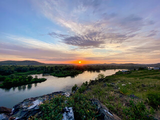 Beautiful view of the azure lagoon and lake surrounded by mountains. Nature.