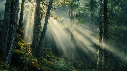 Naklejka premium Sunbeams Illuminating a Misty Forest with Mossy Trees