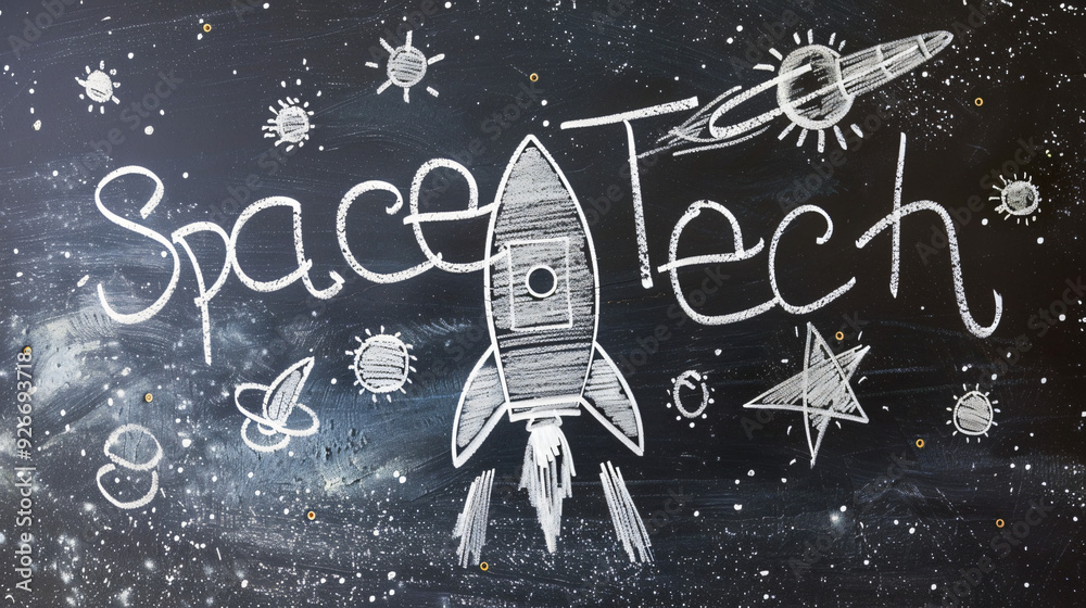 Poster sketch of space technology concept on blackboard showing a rocket blasting off into space