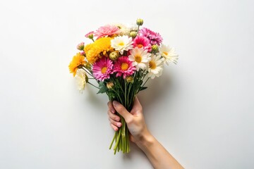 A hand holds a beautiful bouquet of flowers with various colors, symbolizing love, joy, beauty, and appreciation. The white background creates a clean and elegant backdrop.