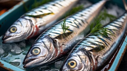 Fototapeta premium On a sunny day, mackerel is served in a tray on an open display case.