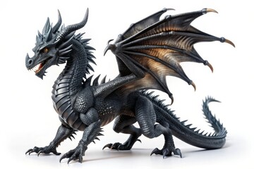 Obraz premium A majestic black dragon with spread wings stands majestically against a white background, symbolizing power, strength, fantasy, mythology, and mythical creatures.