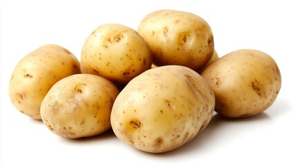 A detailed view of a bunch of fresh potatoes with their earthy skins and slight blemishes, positioned on a white background for contrast.