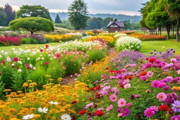 A picturesque path meanders through a dazzling array of colorful flowers, leading to a quaint cottage nestled amidst lush greenery, symbolizing beauty, tranquility, growth, and the allure of nature.