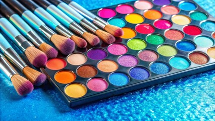 Naklejka premium A professional makeup brush set and a vibrant eyeshadow palette with a wide array of colors, showcasing a range of makeup options.