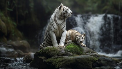  AI generation depicts an white tiger in the forest amidst nature. Waterfalls, water streams, good weather,