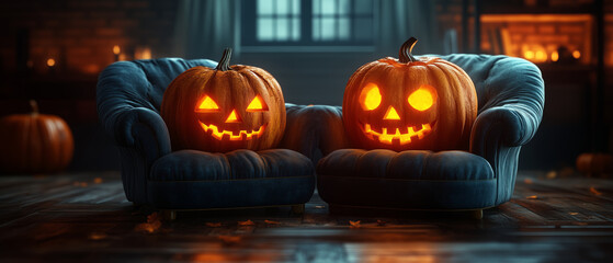 Obraz premium Halloween pumpkins glowing with warm candlelight decorate the house