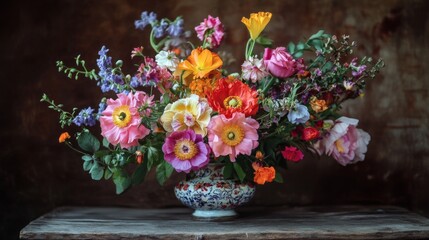 Fototapeta premium A detailed view of a colorful floral arrangement in a rustic setting, featuring a mix of seasonal flowers and a charming, vintage vase.
