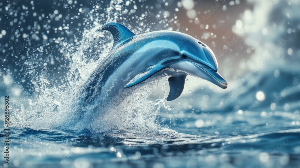 Poster a detailed view of a dolphin diving into the water, with a focus on the splash and the dolphin's str