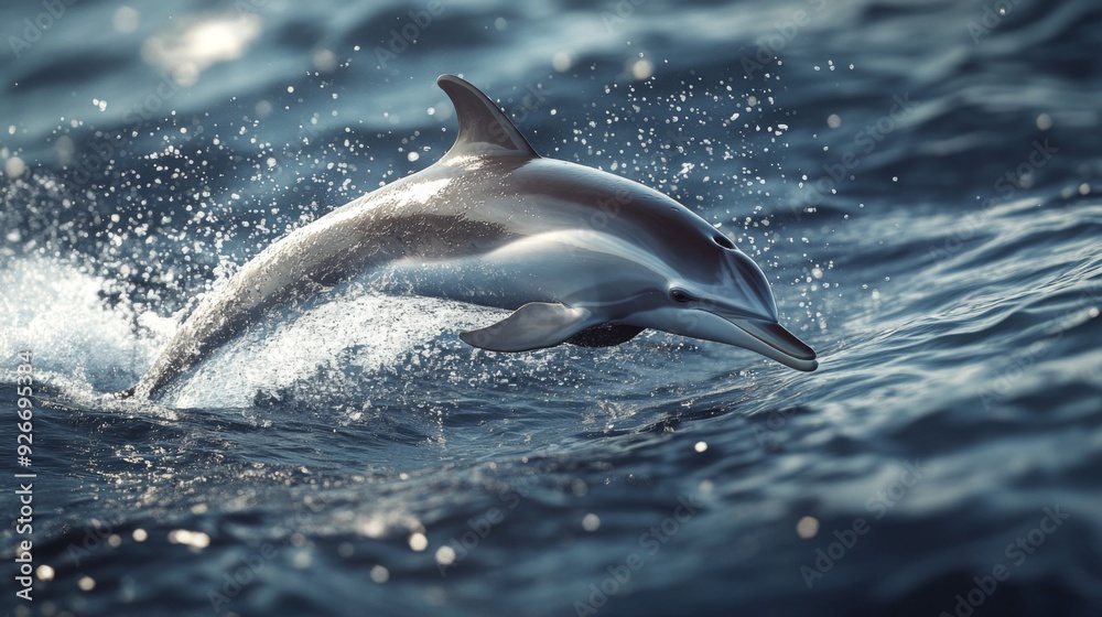 Poster a detailed view of a dolphin diving into the water, with a focus on the splash and the dolphin's str