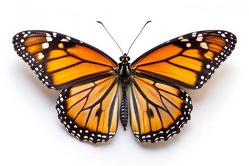 Fototapeta premium A vibrant monarch butterfly with its wings spread open, showcasing the intricate patterns and colors of its wings, symbolizing transformation, beauty, fragility, and nature.