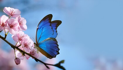 blossoming sakura. branch of blossoming sakura and bright blue morpho butterfly