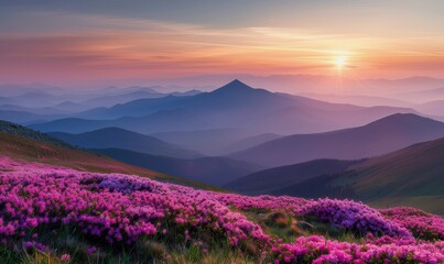 Sunrise Over Mountain Range With Blooming Pink Rhododendrons