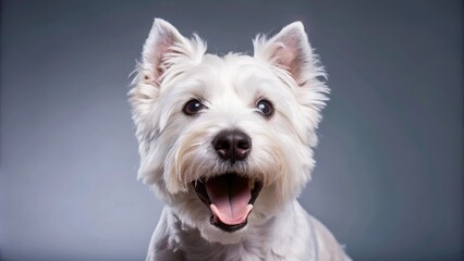 A West Highland White Terrier dog with a playful expression, mouth open,  looking directly at the camera with a friendly and happy demeanor. The dog is isolated against a neutral grey background.