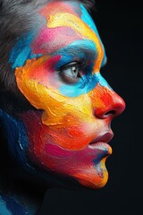 Brightly colored face of a woman with a black background, rainbow color, creative portrait