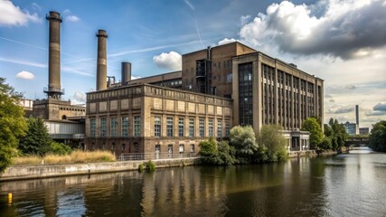 An old factory building with tall smokestacks stands beside a calm river. The industrial building, with its large windows and brick facade, reflects on the water, showcasing a blend of urban and natur