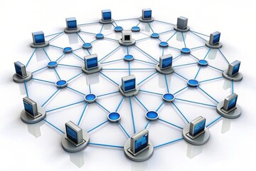 Network of computers interconnected by blue lines, symbolizing collaboration, communication, data sharing, interconnectedness, and global connectivity.