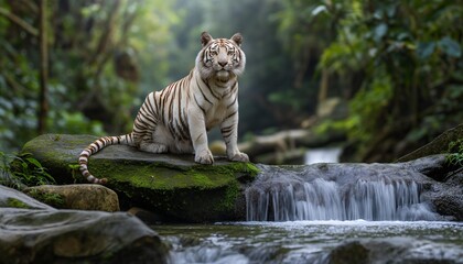 AI generation depicts an white tiger in the forest amidst nature. Waterfalls, water streams, good weather, 
