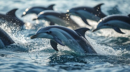 Obraz premium A detailed view of a group of dolphins surfacing together, creating splashes and ripples in the water, capturing their social behavior and dynamic movement.
