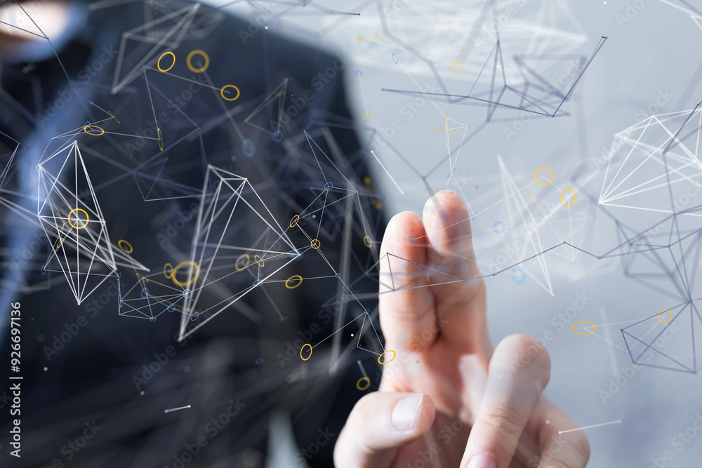 Poster Global network. Blockchain. 3D illustration. Neural networks and artificial intelligence. Abstract  - neural network exposure digital