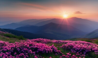 Sunrise Over Mountain Range With Blooming Pink Rhododendrons