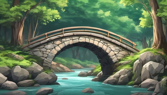 anime stone bridge cartoon fantasy magic forest river green landscape
