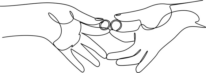 Two hands holding each other's rings one line art vector illustration