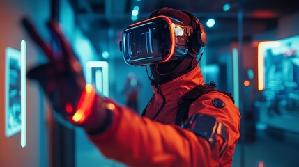 Futuristic VR Gaming with Full-Body Haptic Suits: A gamer immersed in a virtual world, wearing a haptic suit that simulates physical sensations.