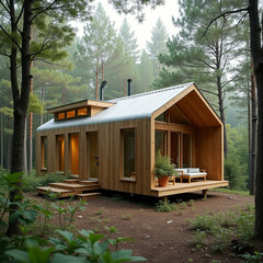 wooden modern cabin in the woods
