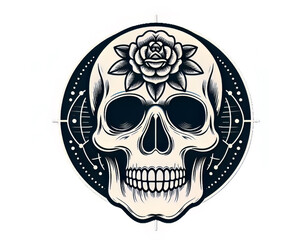 Fototapeta premium Front view of a natural human skull, with black and white detailed illustration 