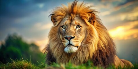 Fototapeta premium Close-up image of a majestic lion in its natural habitat, lion, wildlife, animal, feline, predator, nature, safari, majestic