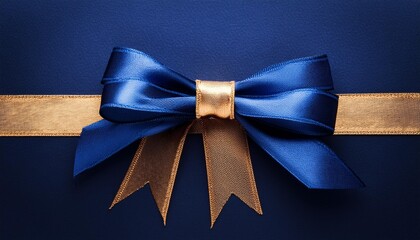 Elegant blue ribbon with a golden glittering bow on a dark background, illustration for a luxury holiday card or banner design template. Blue and gold elegant gift decoration with a copy space