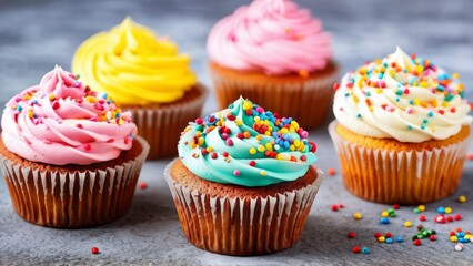 Promotional photo of multicolored cupcakes with icing.