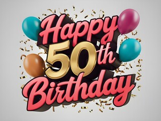 Happy 50th birthday with bold text and festive balloons