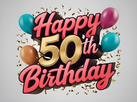 Happy 50th birthday with bold text and festive balloons