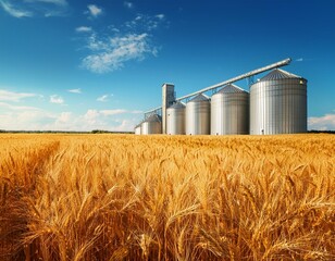 Golden wheat field and grain silos under blue sky
