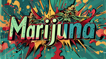 Bold and colorful illustration featuring the word marijuana in a comic book style with cannabis leaves and a graffiti background