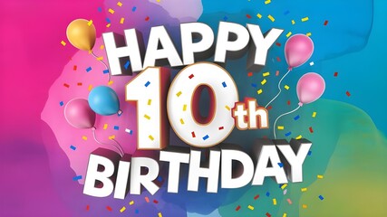Happy 10th birthday with confetti and bright colors