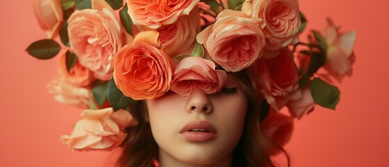 AI generator image of womans head covered with roses flowers 