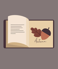 Flat Design Autumn Illustration with Open Book at Acorn,Leaf