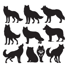 black silhouette gray wolf set vector 