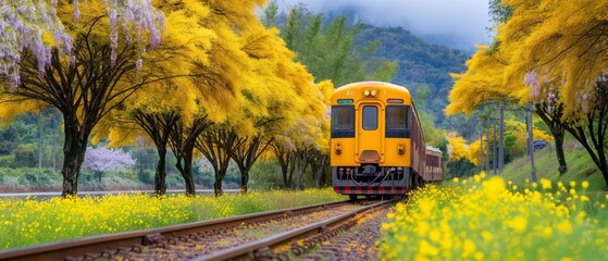 Obraz premium AI generator image of yellow Wisteria flowers The trees are in full bloom, yellow Wisteria flowers tree are planted on both sides.Tunnel yellow Wisteria flowers trees with the electric train running