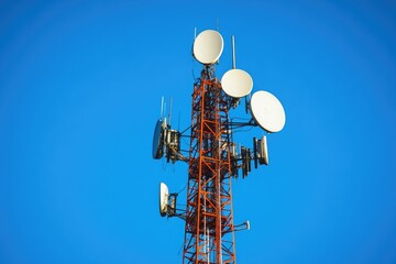 Internet Tower with Multiple Dishes Against Clear Horizon