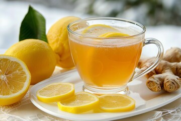 Warm Lemon Drink Against Snowy Winter Background With Fresh Lemons