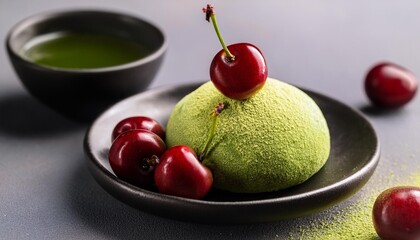 Japanese dessert mochi with matcha green tea powder and cherry, japanese tea ceremony