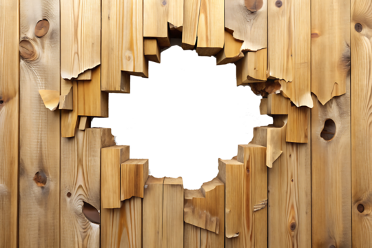  Hole breaking through wooden wall on white background.AI GENERATED