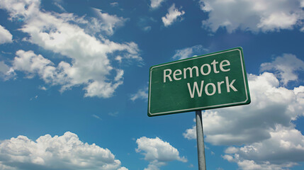 Remote work road sign against a sunny blue sky with clouds